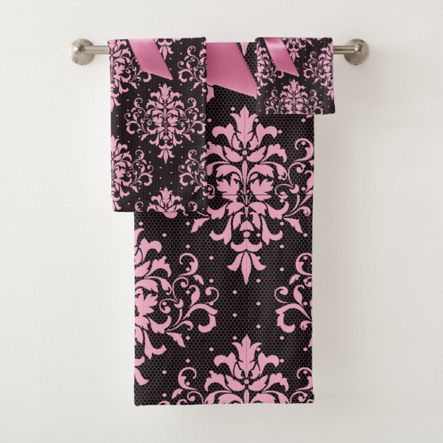 Glam Pink Bow-Pink Lace-Black Bath Towel Set (Insitu)