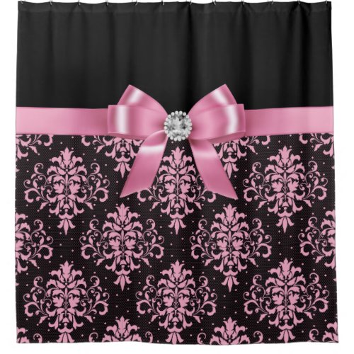 Glam Pink Bow_Pink Lace_Black Shower Curtain