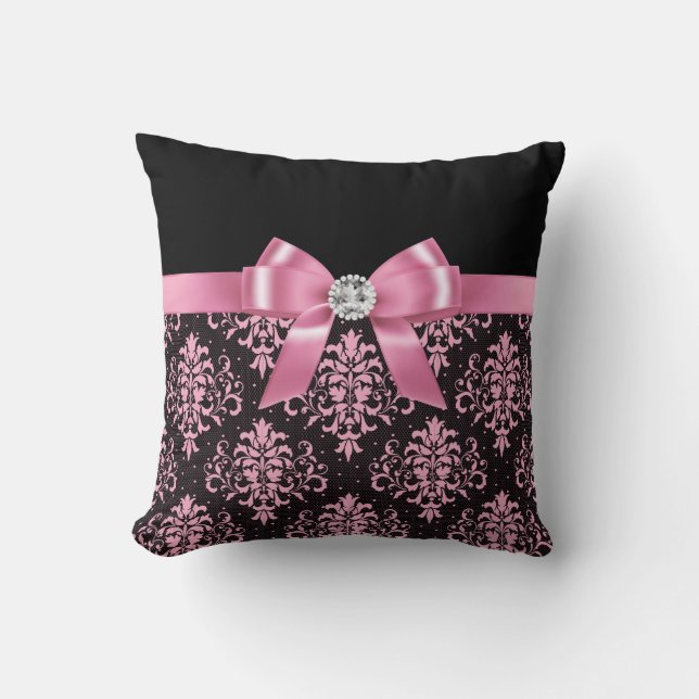 Glam Pink Bow-Pink Lace-Black Throw Pillow (Front)