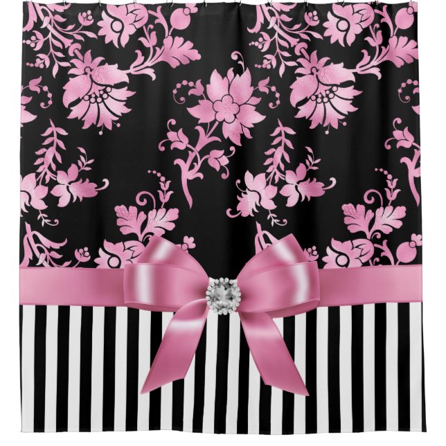 Glam Pink Bow-Pink Stencil-Black White Pinstripes Shower Curtain (Front)