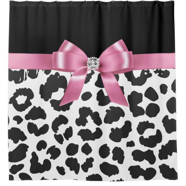 Glam Pink Bow-Snow Leopard Print-Black Shower Curtain (Front)