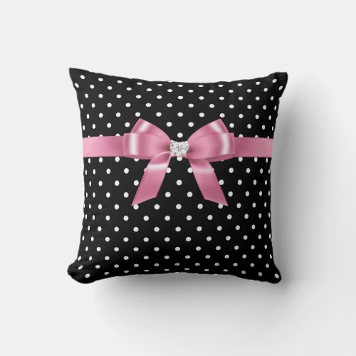 Glam Pink Bow_White Polka Dots_Black Throw Pillow