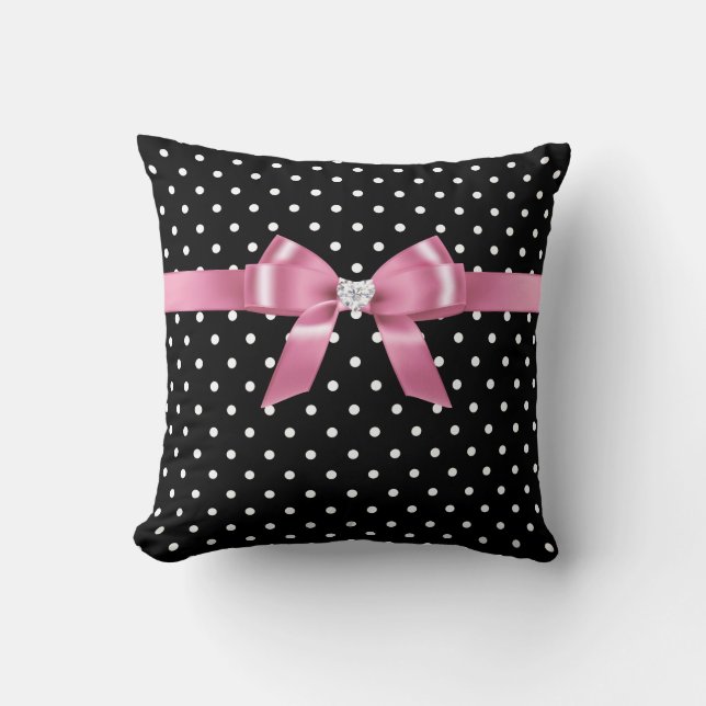 Glam Pink Bow-White Polka Dots-Black Throw Pillow (Front)