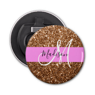 Glam Pink & Bronze Glitter Sparkles Monogram Name Bottle Opener