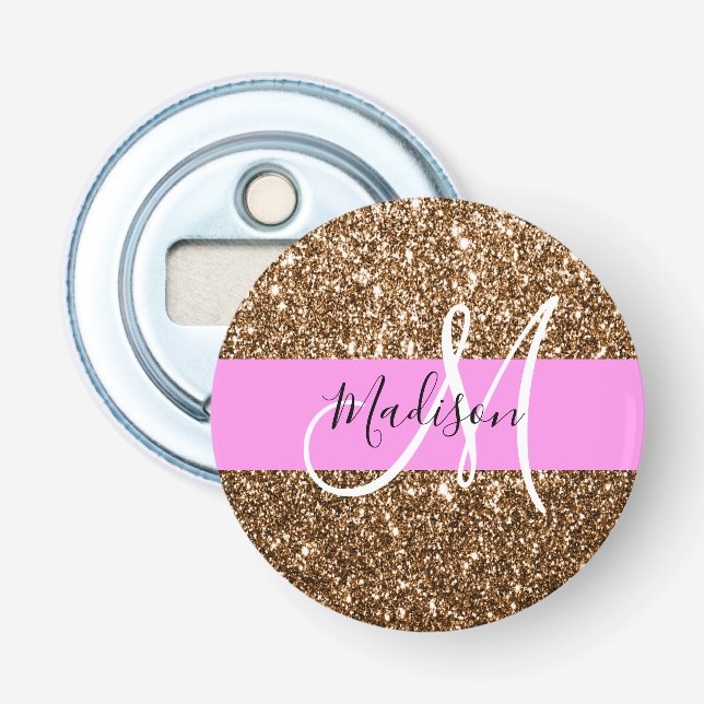 Glam Pink & Bronze Glitter Sparkles Monogram Name Bottle Opener (Front)