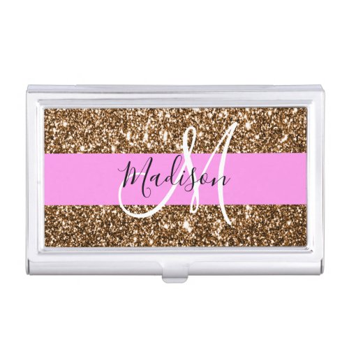 Glam Pink  Bronze Glitter Sparkles Monogram Name Business Card Case