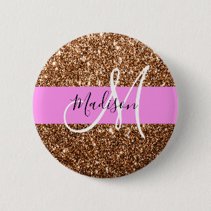 Glam Pink & Bronze Glitter Sparkles Monogram Name Button