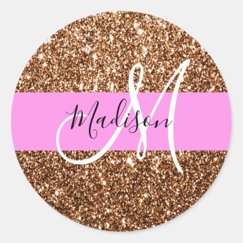 Glam Pink  Bronze Glitter Sparkles Monogram Name Classic Round Sticker