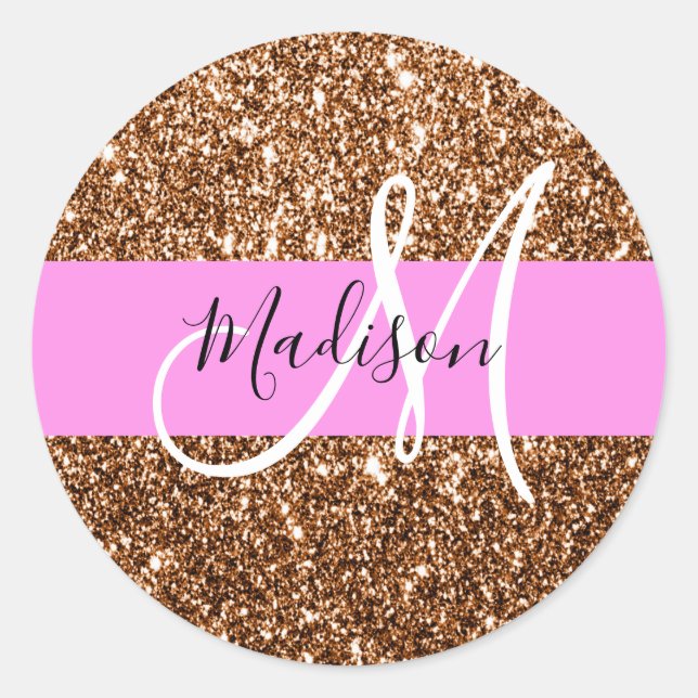 Glam Pink & Bronze Glitter Sparkles Monogram Name Classic Round Sticker (Front)
