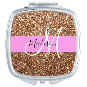 Glam Pink & Bronze Glitter Sparkles Monogram Name Compact Mirror