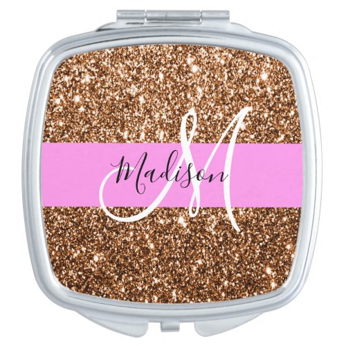 Glam Pink  Bronze Glitter Sparkles Monogram Name Compact Mirror