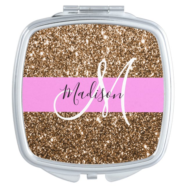 Glam Pink & Bronze Glitter Sparkles Monogram Name Compact Mirror (Front)