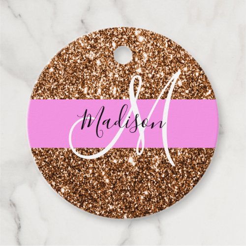 Glam Pink  Bronze Glitter Sparkles Monogram Name Favor Tags