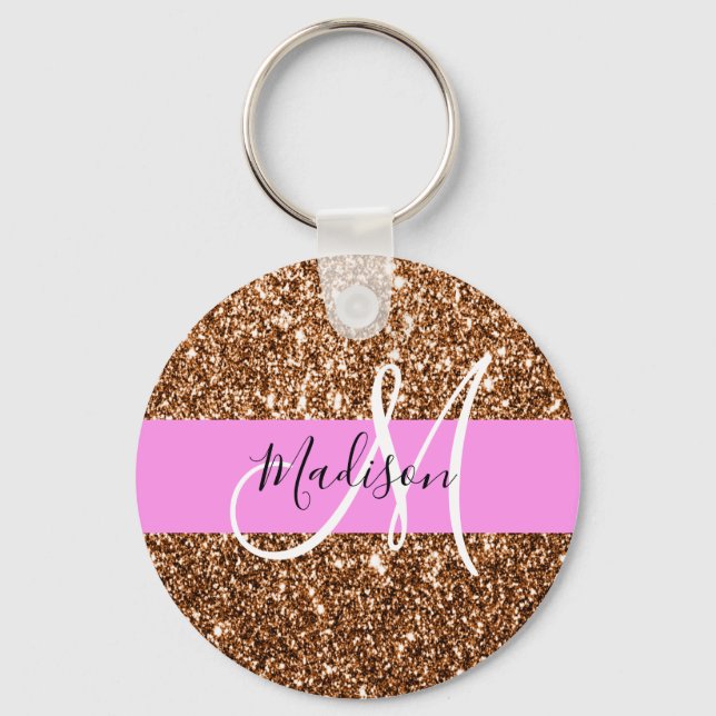 Glam Pink & Bronze Glitter Sparkles Monogram Name Keychain (Front)