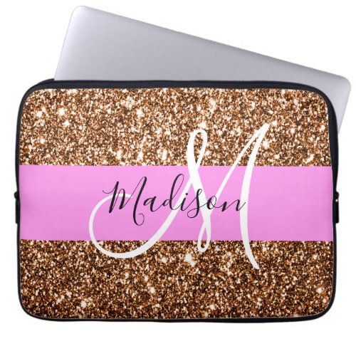 Glam Pink  Bronze Glitter Sparkles Monogram Name Laptop Sleeve