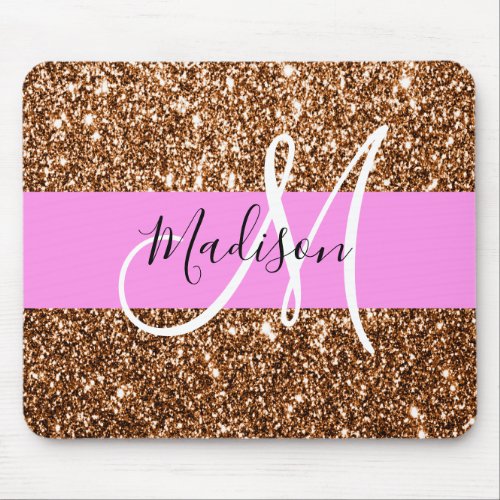 Glam Pink  Bronze Glitter Sparkles Monogram Name Mouse Pad