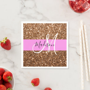 Glam Pink & Bronze Glitter Sparkles Monogram Name Napkins