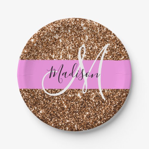 Glam Pink  Bronze Glitter Sparkles Monogram Name Paper Plates