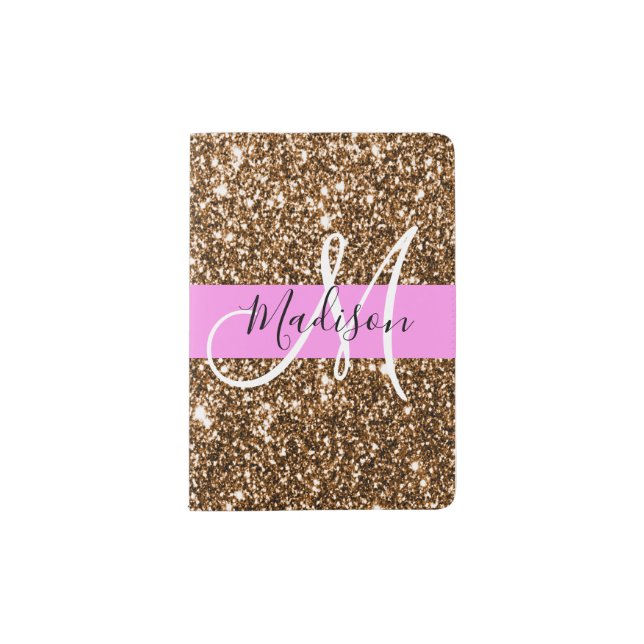 Glam Pink & Bronze Glitter Sparkles Monogram Name Passport Holder (Front)