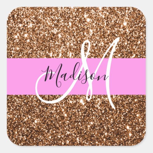 Glam Pink  Bronze Glitter Sparkles Monogram Name Square Sticker