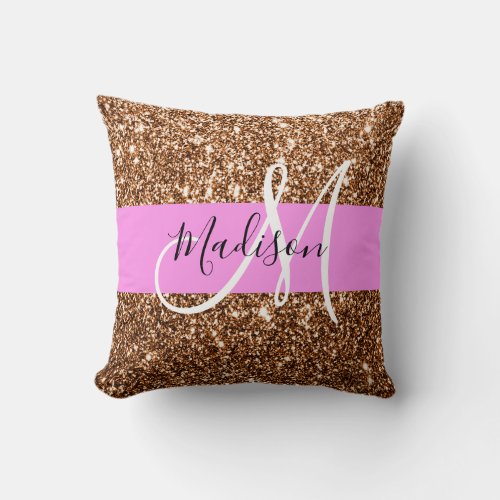 Glam Pink  Bronze Glitter Sparkles Monogram Name Throw Pillow