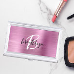 Glam Pink Brushed Metal Black White Monogram Business Card Case<br><div class="desc">This trendy modern business card case features a monogram and first name in black and white script on a stylish pink faux brushed metal background.</div>