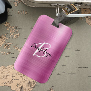 Glam Pink Brushed Metal Black White Monogram  Luggage Tag