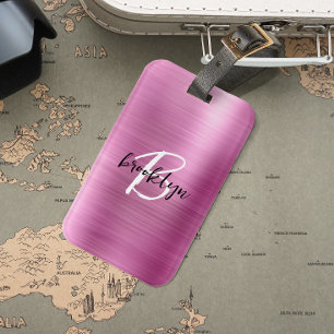Glam Pink Brushed Metal Black White Monogram Luggage Tag