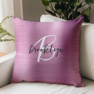 Glam Pink Brushed Metal Black White Monogram  Throw Pillow