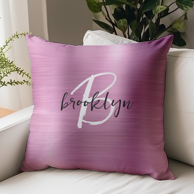 Glam Pink Brushed Metal Black White Monogram  Throw Pillow (Creator Uploaded)