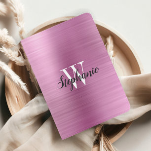 Glam Pink Brushed Metal Monogram Passport Holder