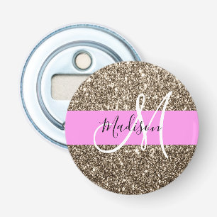 Glam Pink Champagne Gold Glitter Sparkle Monogram Bottle Opener