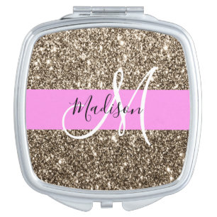 Glam Pink Champagne Gold Glitter Sparkle Monogram Compact Mirror