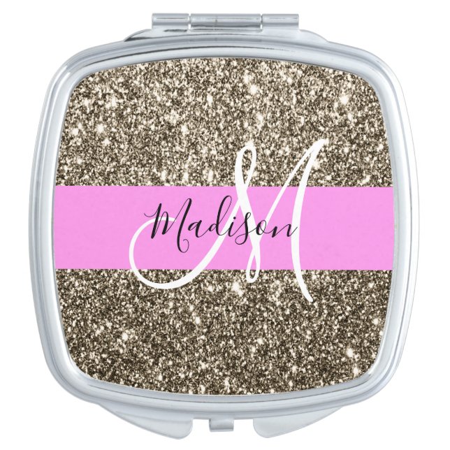 Glam Pink Champagne Gold Glitter Sparkle Monogram Compact Mirror (Front)