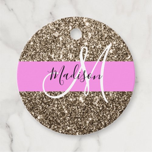 Glam Pink Champagne Gold Glitter Sparkle Monogram Favor Tags