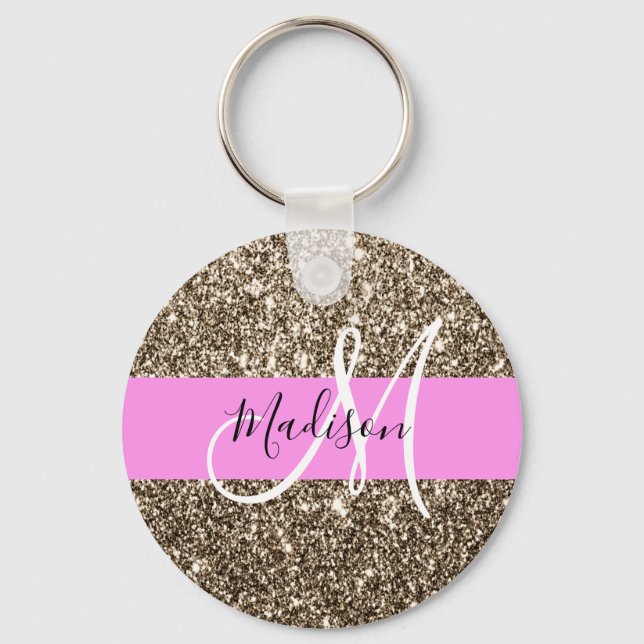 Glam Pink Champagne Gold Glitter Sparkle Monogram Keychain (Front)