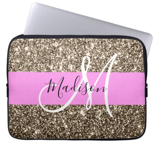 Glam Pink Champagne Gold Glitter Sparkle Monogram Laptop Sleeve