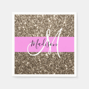 Glam Pink Champagne Gold Glitter Sparkle Monogram Napkins