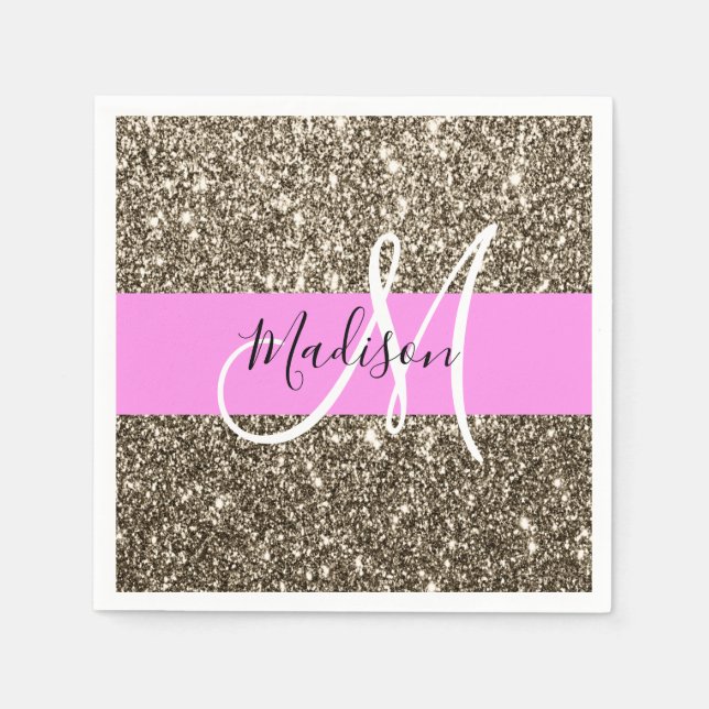 Glam Pink Champagne Gold Glitter Sparkle Monogram Napkins (Front)