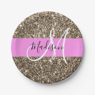 Glam Pink Champagne Gold Glitter Sparkle Monogram Paper Plates