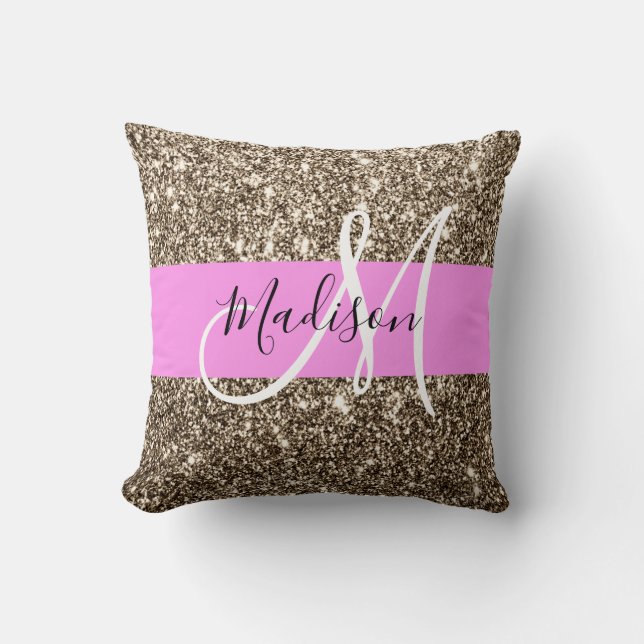 Glam Pink Champagne Gold Glitter Sparkle Monogram Throw Pillow (Front)
