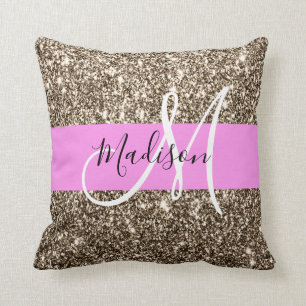 Glam Pink Champagne Gold Glitter Sparkle Monogram Throw Pillow