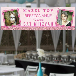 Glam Pink Chic 2 Photo Birthday Bat Mitzvah Banner
