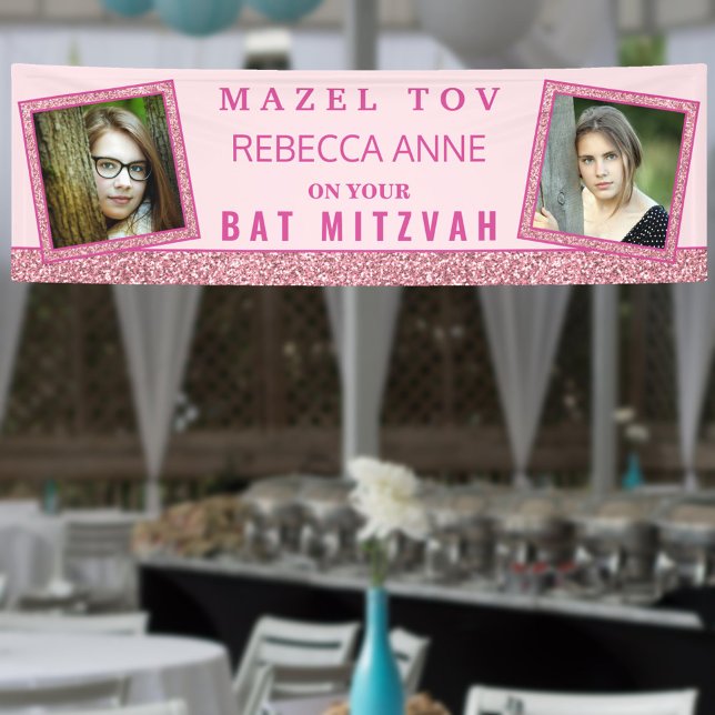Glam Pink Chic 2 Photo Birthday Bat Mitzvah Banner (This Bat Mitzvah banner is easy to personalize with text and photos. Great for other Birthdays too!)