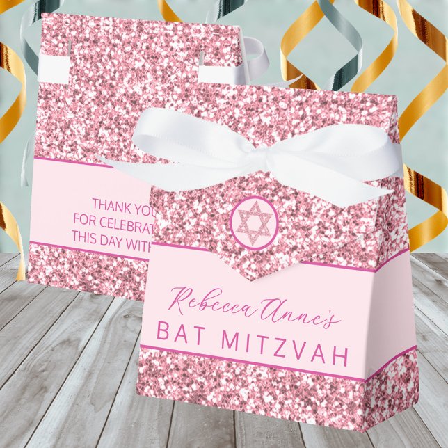 Glam Pink Chic Faux Glitter Bat Mitzvah Party Favor Boxes (These pink faux glitter Bat Mitzvah favor boxes are easy to personalize)