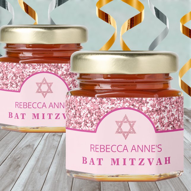 Glam Pink Chic Traditional Bat Mitzvah Party Honey Jar Favors (Give the traditional gift of honey at your Bat Mitzvah party with these adorable honey jars)