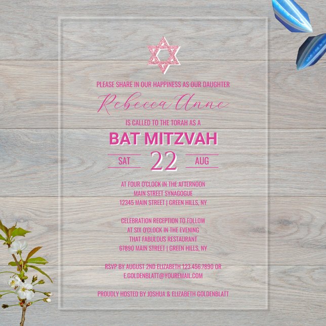 Glam Pink Chic Traditional Elegant Bat Mitzvah Acrylic Invitations (Modern clear acrylic invitations for your Bat Mitzvah party invites)