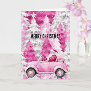 Glam Pink Christmas Trees Santa in Car Card