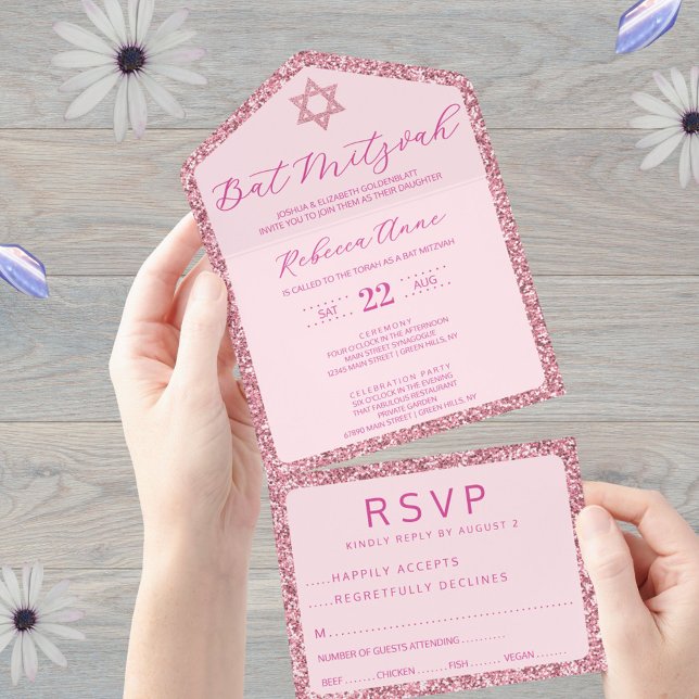 Glam Pink Classic Elegant Bat Mitzvah RSVP All In One Invitation (All in one Bat Mitzvah invitations in pink glam include a handy tear away RSVP postcard)