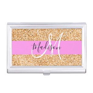 Glam Pink & Copper Glitter Sparkles Monogram Name Business Card Case